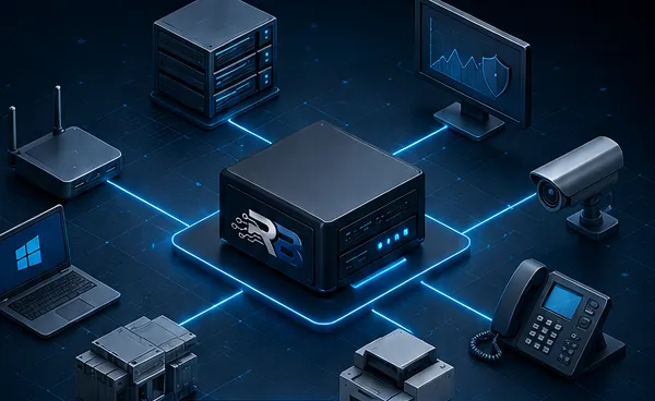Schaubild eines Betriebsnetzes: Server, Notebook, Drucker, Telefonanlage, Überwachungskamera, Steuerung und Netzwerkgeräte, alle über leuchtende Verbindungen mit einem zentralen Auswertungsrechner verbunden