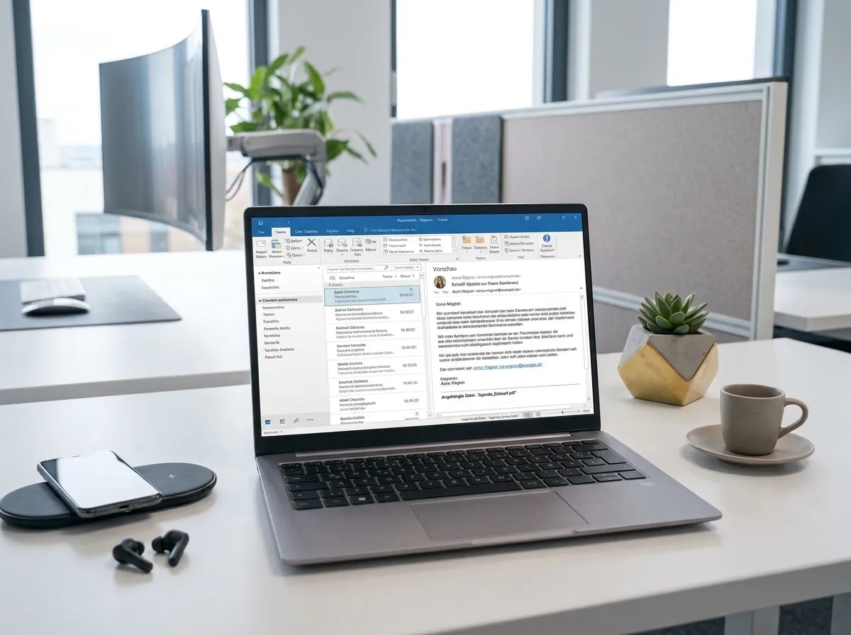 Notebook auf einem Schreibtisch mit geöffnetem E-Mail-Programm, daneben ein Smartphone auf der Ladeschale und Kopfhörer (mit KI erzeugtes Bild)