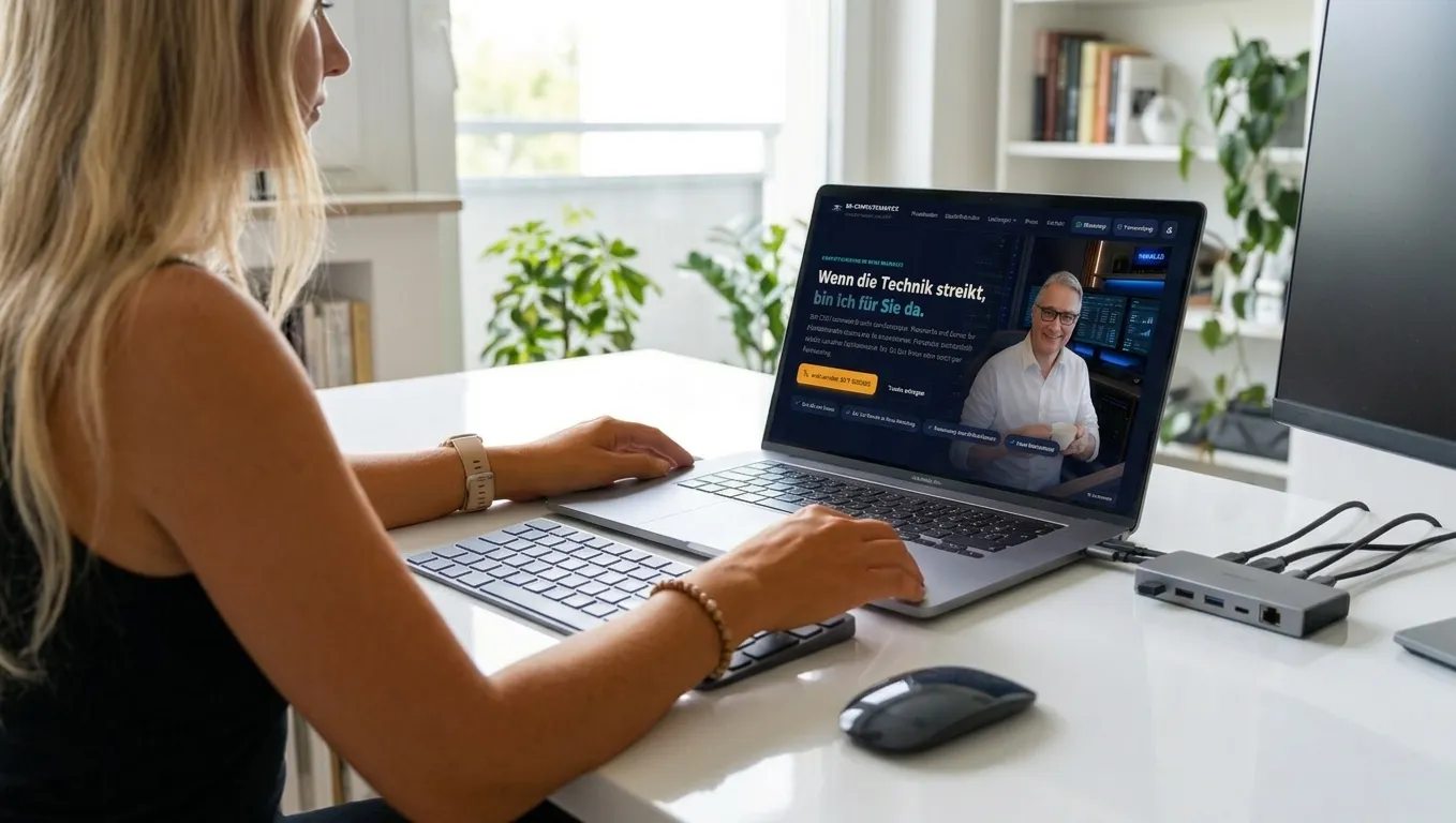 Frau am Schreibtisch arbeitet an einem Notebook, daneben externe Tastatur, Maus und eine Dockingstation mit angeschlossenen Kabeln (mit KI erzeugtes Bild)
