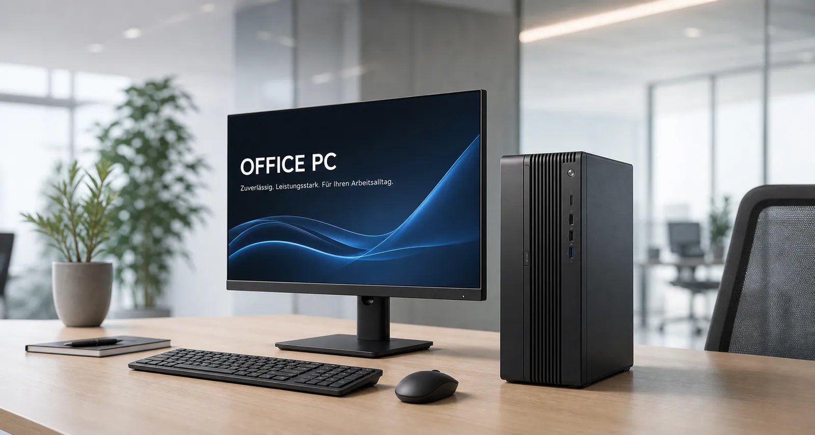 Fertiger Büroarbeitsplatz auf einem Schreibtisch: kompakter Tower, Monitor, Tastatur und Maus, auf dem Bildschirm der Schriftzug „Office PC“ (mit KI erzeugtes Bild)