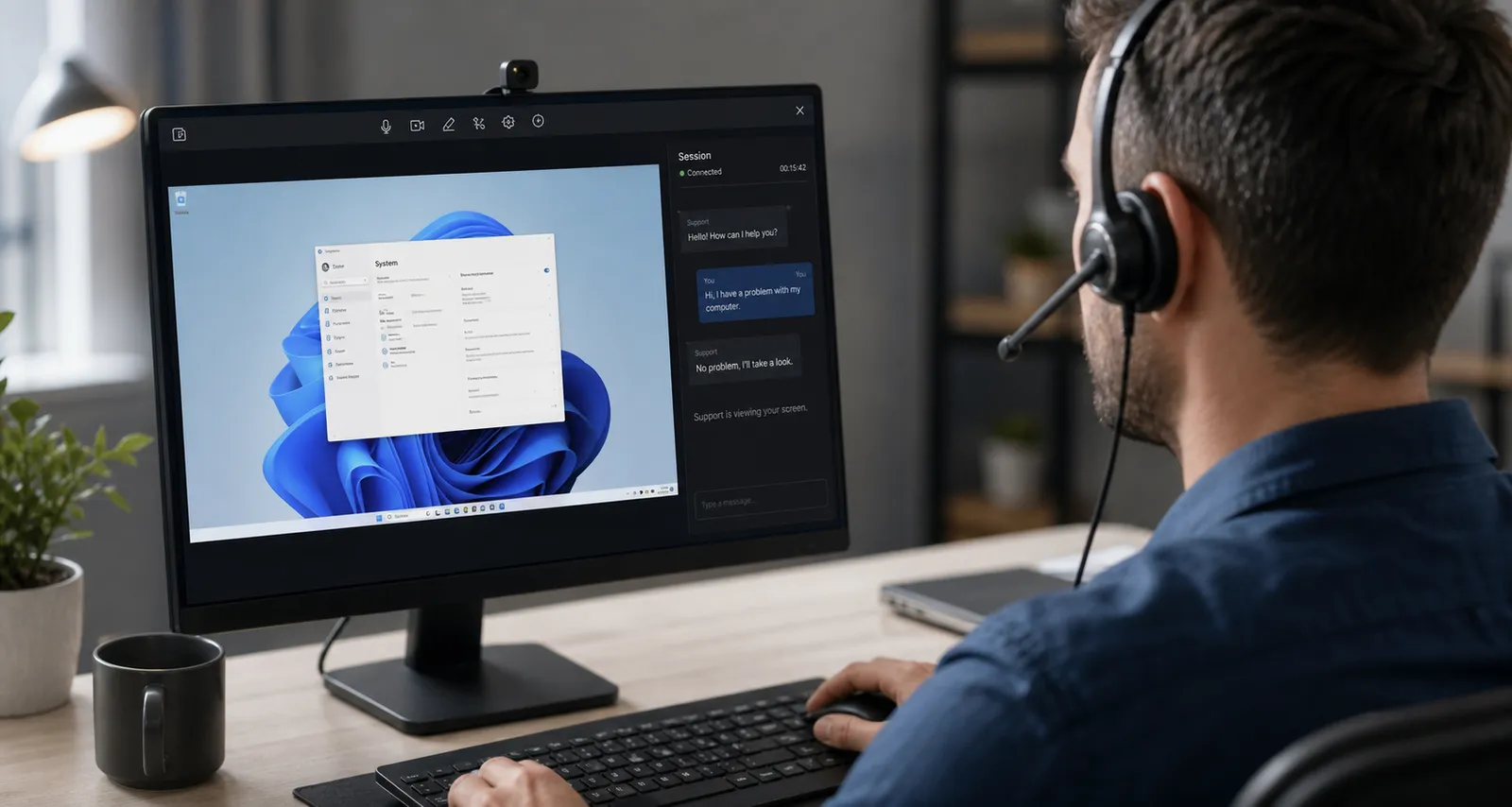 Blick über die Schulter auf einen Bildschirm während einer Fernwartungssitzung: links der freigegebene Desktop mit geöffneten Systemeinstellungen, rechts das Sitzungsfenster mit Chat und Verbindungsdauer (mit KI erzeugtes Bild)
