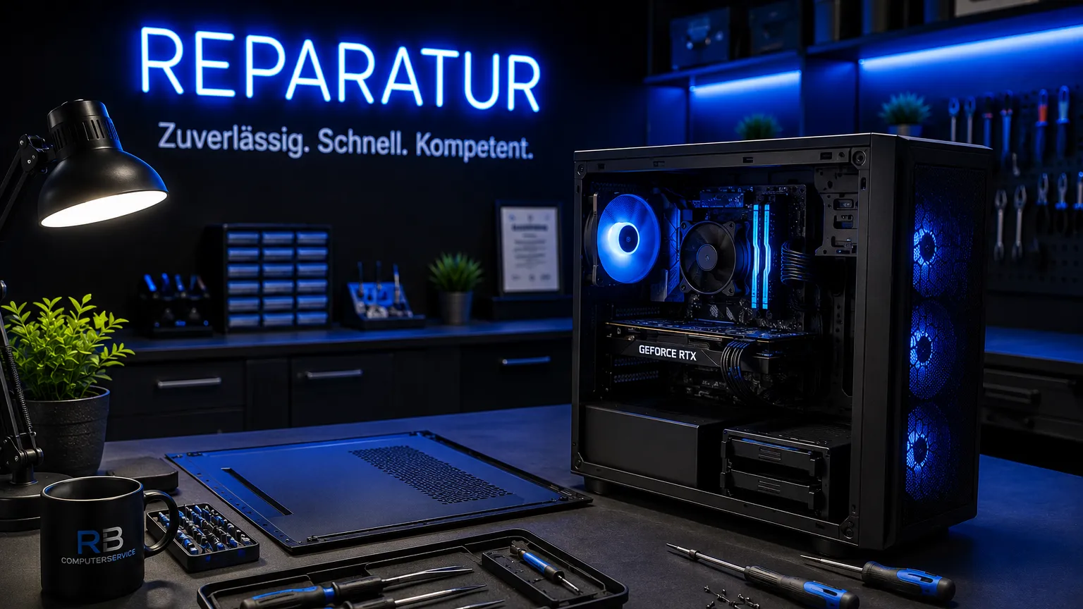Werkbank mit geöffnetem PC-Gehäuse, Schraubendrehern in der Ablage und der Leuchtschrift „Reparatur“ an der Wand (mit KI erzeugtes Bild)