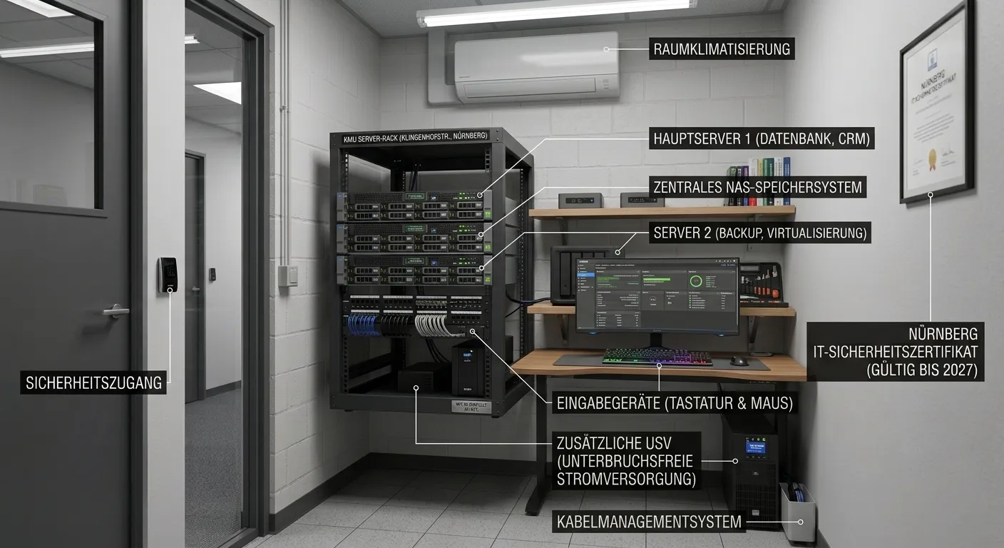 Beschriftetes Schaubild eines Serverraums im kleinen Betrieb: Rack mit zwei Servern, NAS-Speicher, unterbrechungsfreier Stromversorgung und Kabelführung, dazu Klimagerät, Arbeitsplatz und gesicherter Zugang (mit KI erzeugtes Bild)
