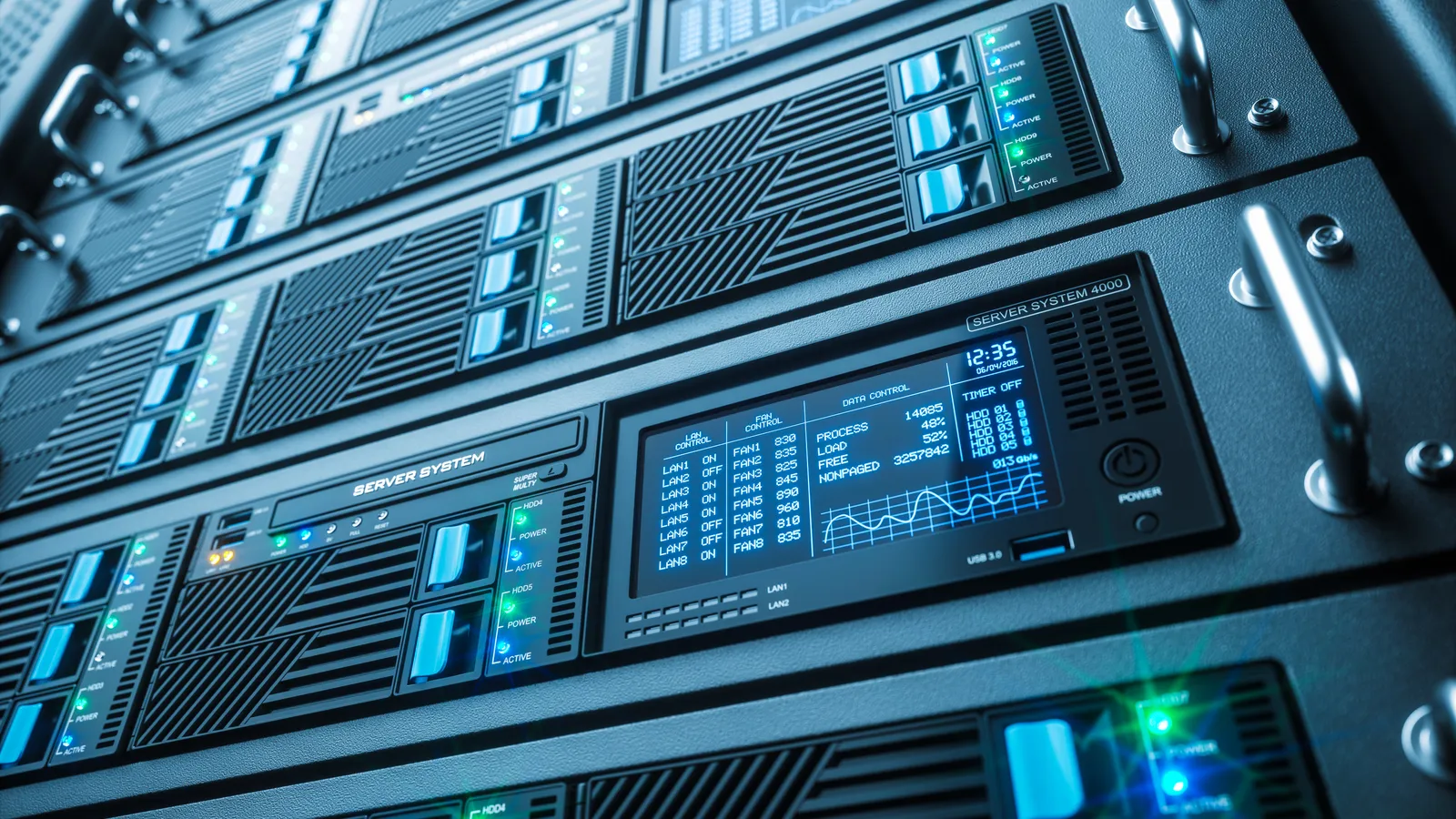 Servereinschübe im Rack mit Statusanzeigen